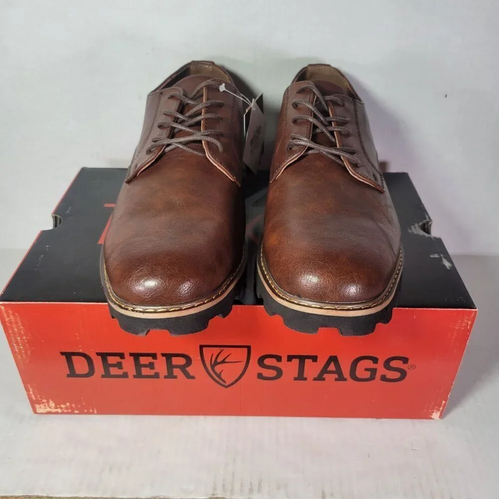Deer Stags Men Benjamin Oxford Brown Faux Leather Lace-Up Dress Shoes Size 8W